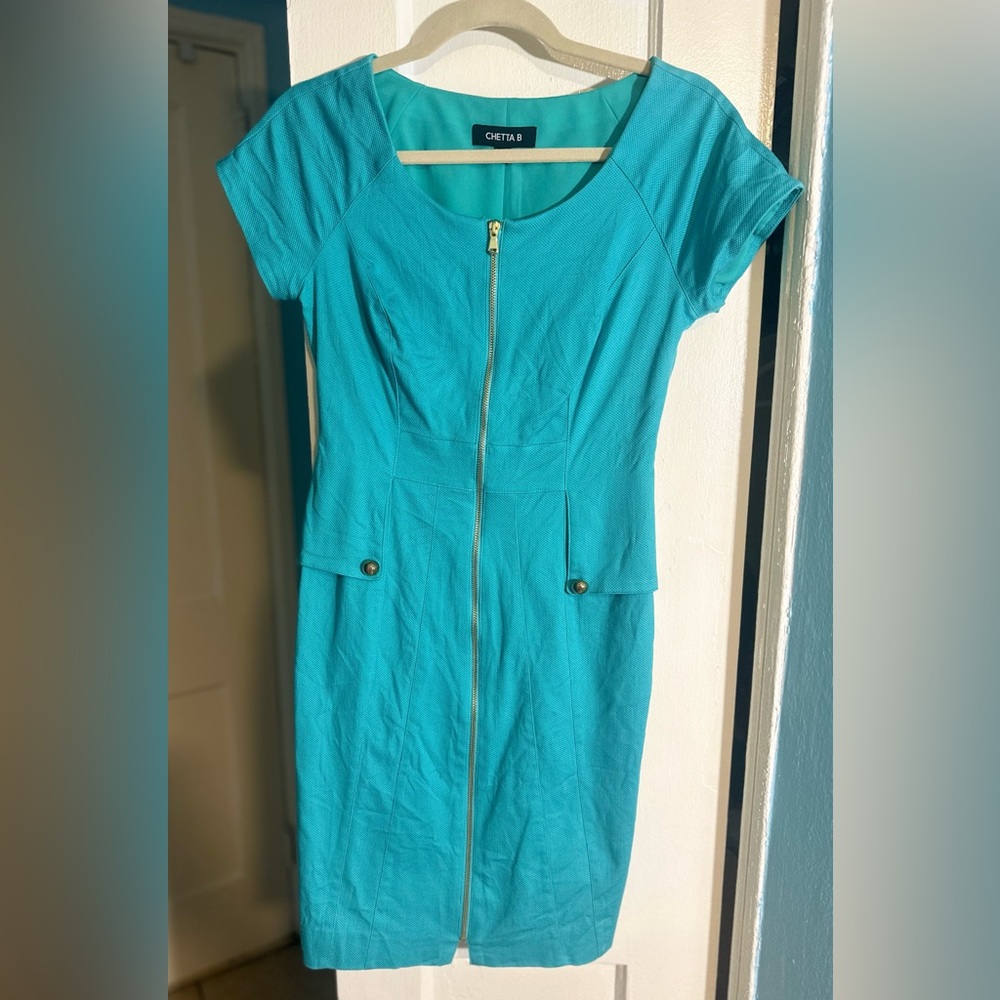 CHETTA B TURQUOISE SHORT SLEEVE TEXTURED DRESS SIZE‎ 4